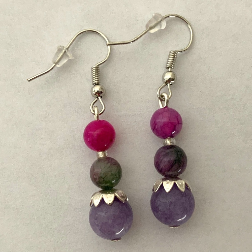 New Handmade Natural Stone Dragon Jade Beads Dangle Earrings Silver Color Hooks